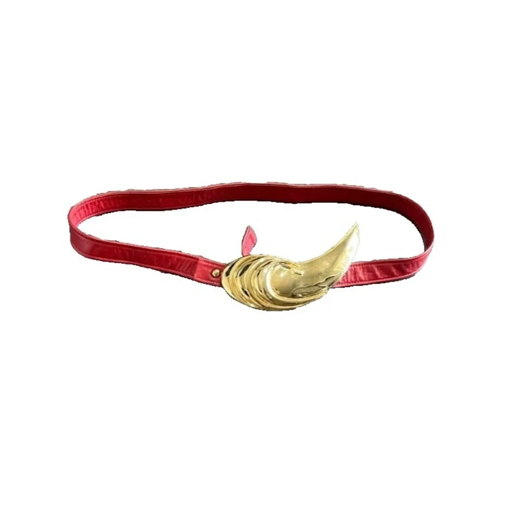 Vintage Alexis Kirk Red Adjustable Belt Gold Shell Shape Buckle 35
